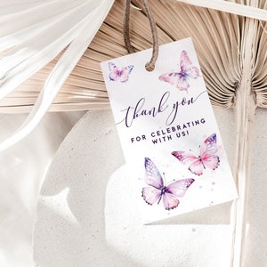 Butterfly baby shower favor tag with pink and purple butterflies