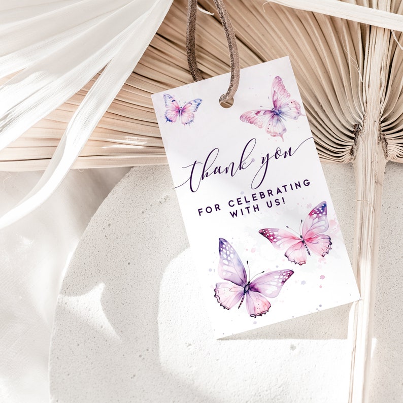 Butterfly baby shower favor tag with pink and purple butterflies