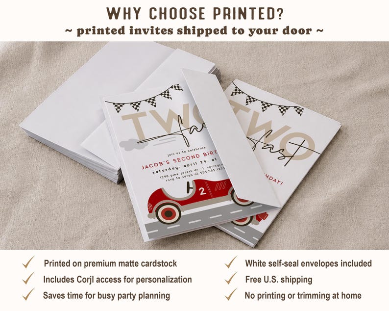 Two Fast Birthday Invitation, Boy 2nd Birthday Race Car Invite, Digital Download or Printed bild 2