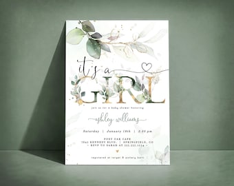 Girl Baby Shower Invitation, Sage Green Eucalyptus Leaves, Editable Template Digital Invitation or Printed