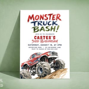May include: A rectangular birthday invitation card featuring a watercolor illustration of a red monster truck on a dirt mound. The text reads: MONSTER TRUCK BASH! JOIN US TO CELEBRATE CARTER'S 3RD BIRTHDAY! SATURDAY, AUGUST 16, AT 2PM, ADVENTURE PARK, 123 ANYWHERE LANE, RSVP TO SARAH AT 555.555.1234.