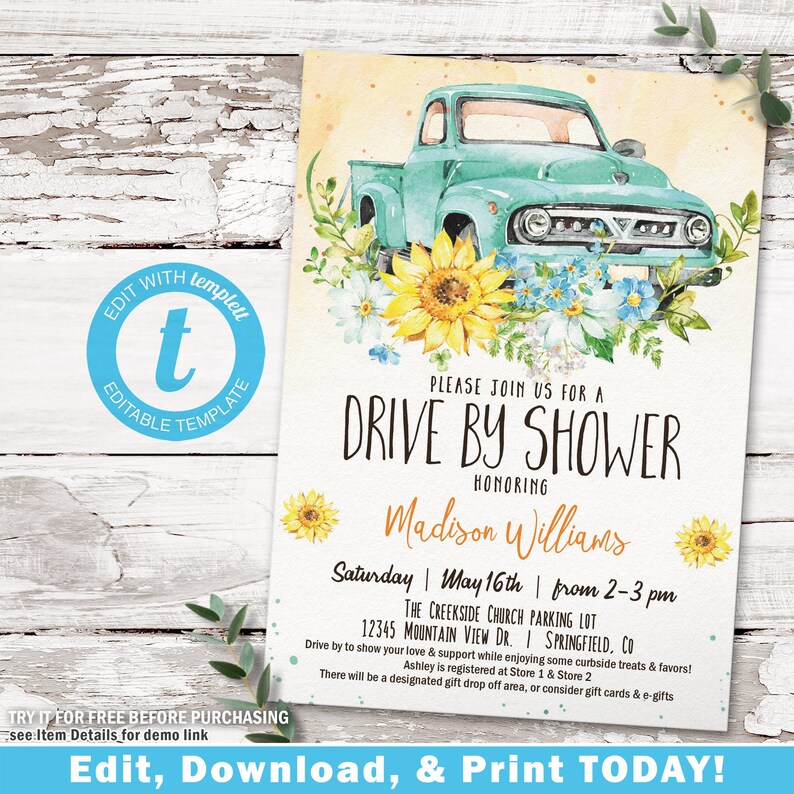 Drive by Shower Invitation Baby or Bridal Sunflower Printable Etsy