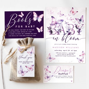 Purple Butterflies Baby Shower Set, Including Invite, Book Request, Diaper Raffle, and Favor Tag