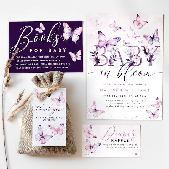 Butterfly Baby Shower Invitation Templates, Baby in Bloom Invite, Purple Butterfly, Digital Invitation, Enchanted Baby Shower Girl 015