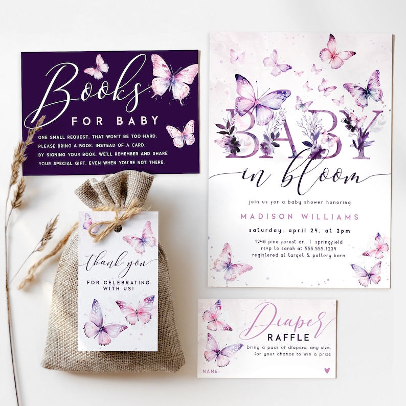 Purple Butterflies Baby Shower Set, Including Invite, Book Request, Diaper Raffle, and Favor Tag