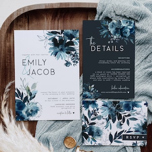 Blue Wedding Invite Set, Navy Blue Wedding Templates Invitation Suite, Editable Digital Bundle, Corjl