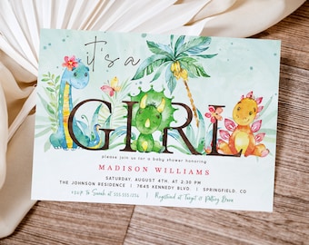 May include: A baby shower invitation with a watercolor illustration of dinosaurs and a palm tree. The text reads "It's a Girl" and includes the name Madison Williams, the date and time of the shower, the location, and RSVP information.