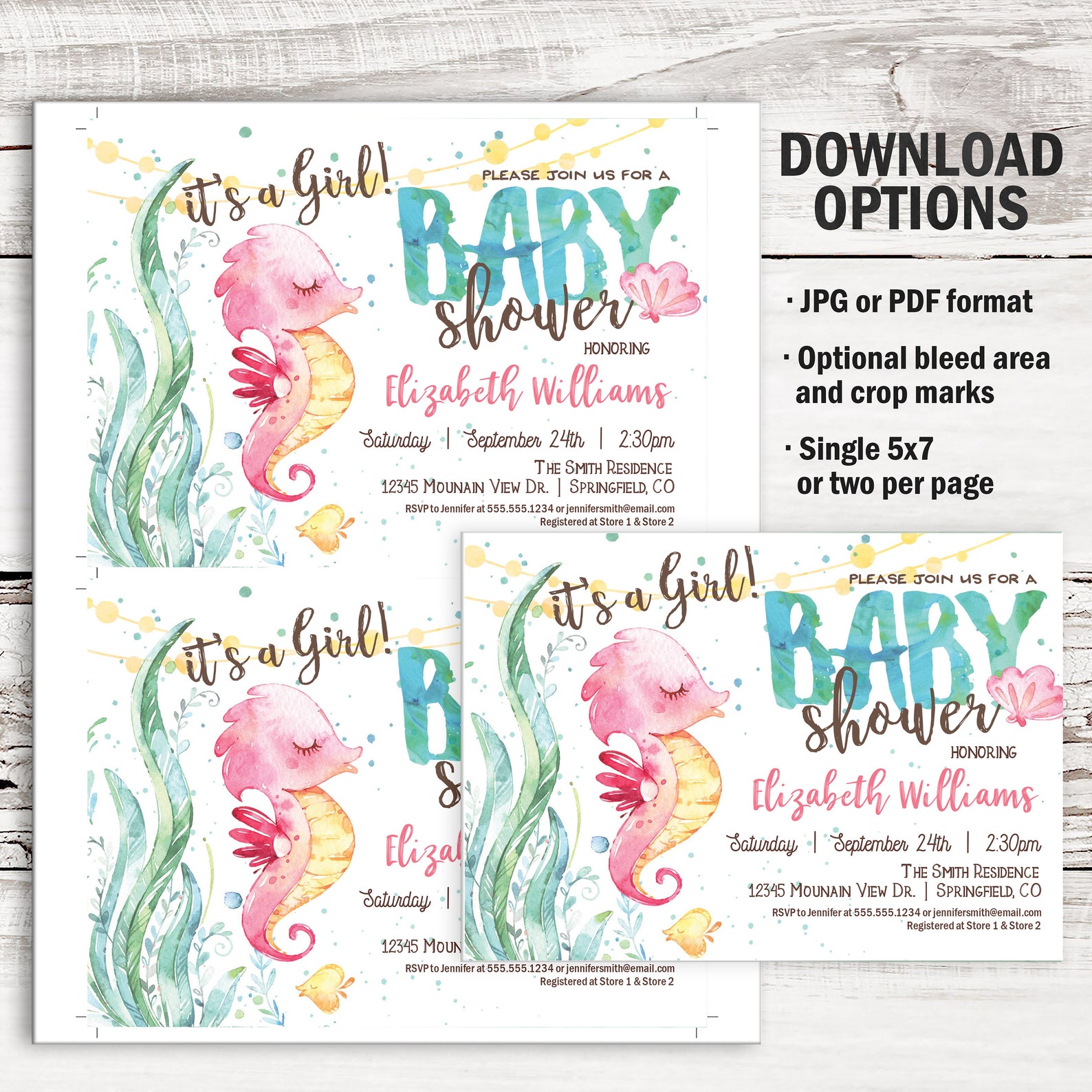 Seahorse Baby Shower Invitation Under the Sea Printable Etsy