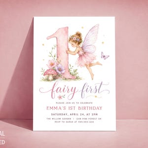 Fairy First Birthday Invitation, Girl Fairytale 1st Birthday Digital Invite or Printed