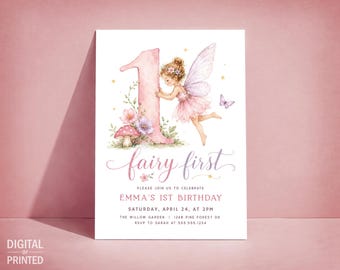 Fairy First Birthday Invitation, Girl Fairytale 1st Birthday Digital Invite or Printed
