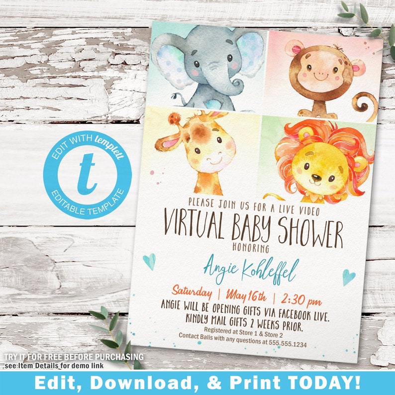 Virtual Baby Shower Invitation Jungle Animals printable Etsy