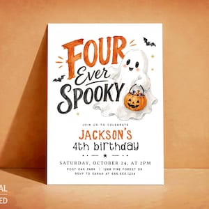May include: A rectangular birthday invitation card featuring a watercolor ghost holding a jack-o'-lantern bucket. The text reads: Four Ever Spooky, Join us to celebrate Jackson's 4th birthday, Saturday, October 24, at 2pm, Post Oak Park, 1248 Pine Forest Dr, RSVP to Sarah at 555.555.1234.