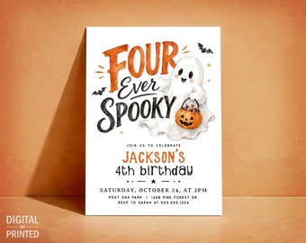 Four Ever Spooky 4th Birthday Invitation, Halloween Birthday, Digital or Printed