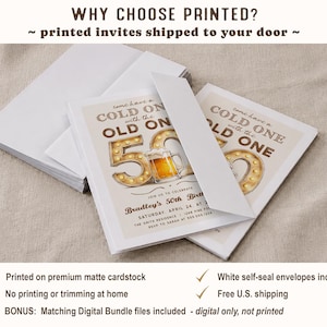 Puede incluir: Invitaciones de cumplea&ntilde;os con tem&aacute;tica de cerveza. La invitaci&oacute;n dice "Ven a tomar una cerveza con el viejo" e incluye el texto "50 cumplea&ntilde;os de Bradley". Las invitaciones est&aacute;n en sobres blancos y est&aacute;n impresas en cartulina mate de primera calidad.