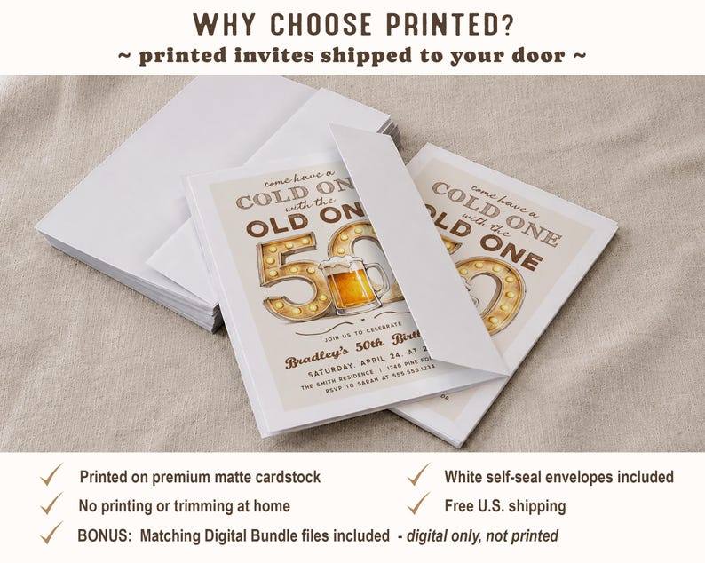 Puede incluir: Invitaciones de cumplea&ntilde;os con tem&aacute;tica de cerveza. La invitaci&oacute;n dice "Ven a tomar una cerveza con el viejo" e incluye el texto "50 cumplea&ntilde;os de Bradley". Las invitaciones est&aacute;n en sobres blancos y est&aacute;n impresas en cartulina mate de primera calidad.