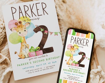 Second Birthday Invitation, Giraffe 2nd Bday Invite, Editable template, Boy or Girl, Corjl b14