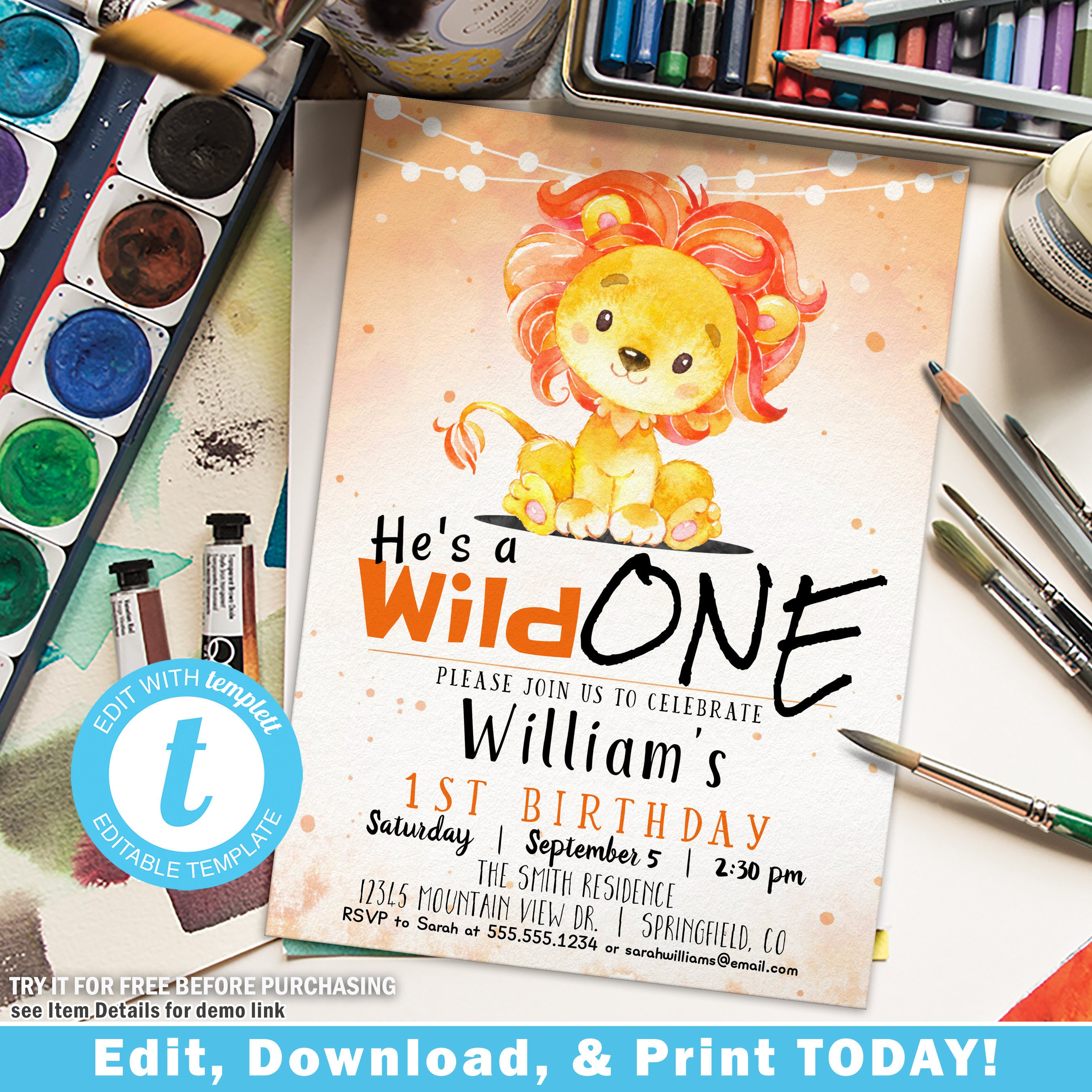 Lion Wild One Birthday Invitation: 5x7 Printable (Digital Download)
