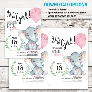 Girl Elephant Baby Shower Invitation, Pink Printable Invite | INSTANT ...