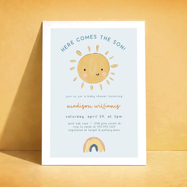 Invitación para baby shower "Here Comes the Son" para niño, plantilla editable, invitación impresa o digital.