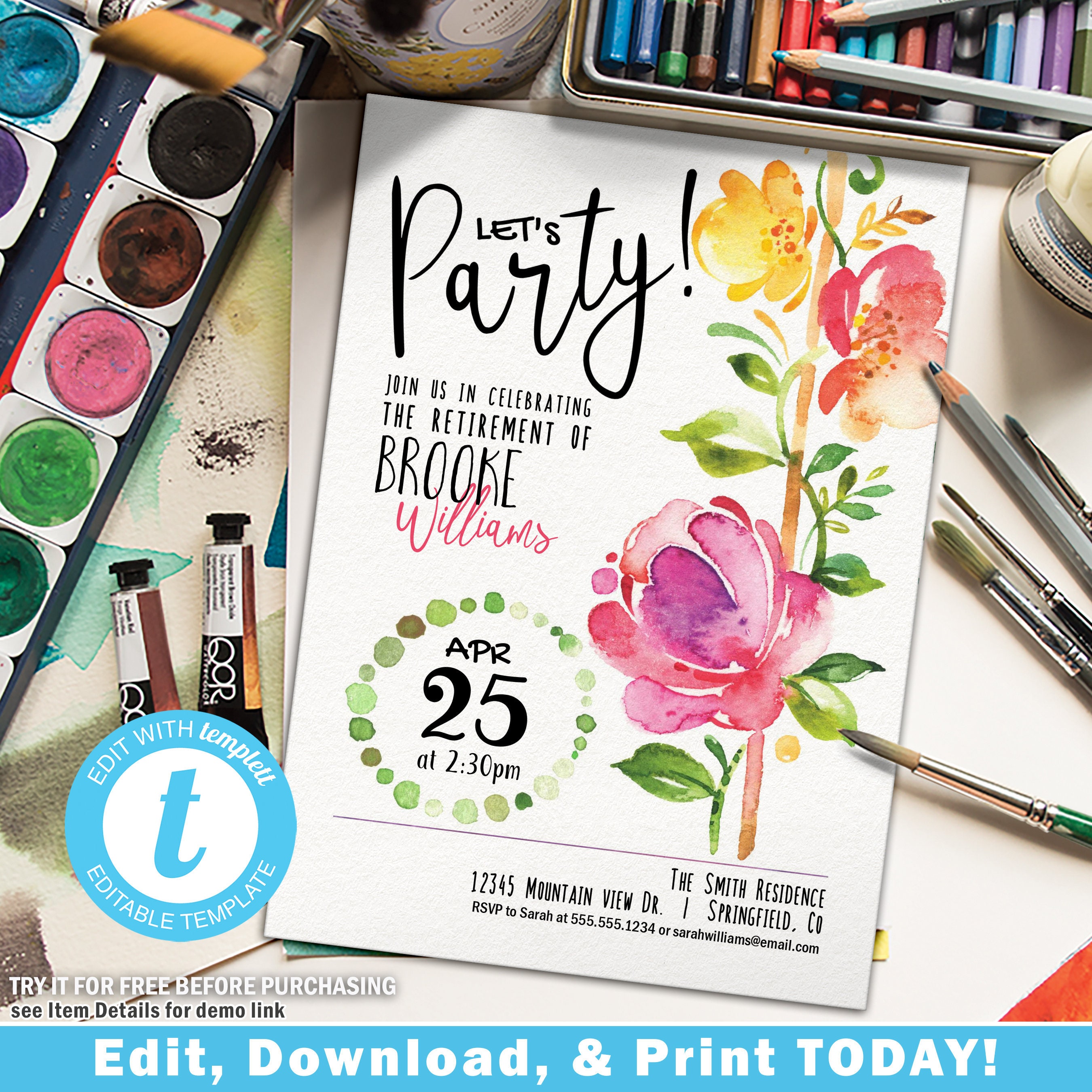 Spring Flowers Retirement Party Invitation, 5x7 invite | INSTANT DOWNLOAD | editable digital file, Templett