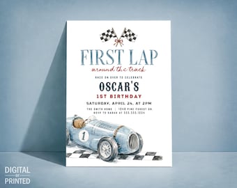 First Lap Birthday Invitation, Vintage Race Car Digital Invite or Printed
