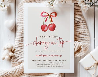 Cherry Baby Shower Invitation Girl, Coquette Cherry on Top, Bow Baby Shower Invitation, Corjl Editable Template, Digital Invitation 027
