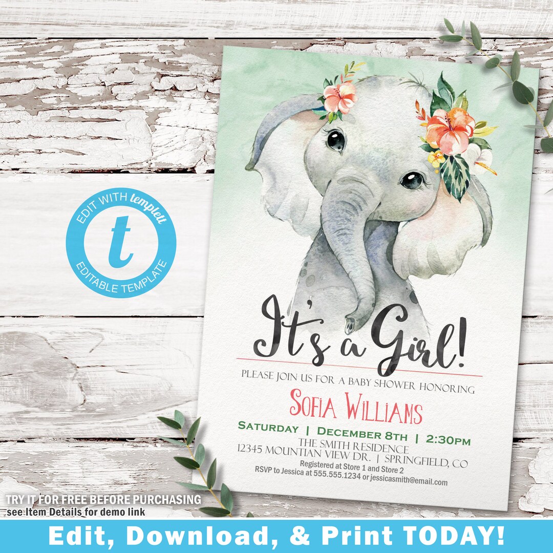 Baby Girl Elephant Invitation, Baby Shower Printable Invite INSTANT ...