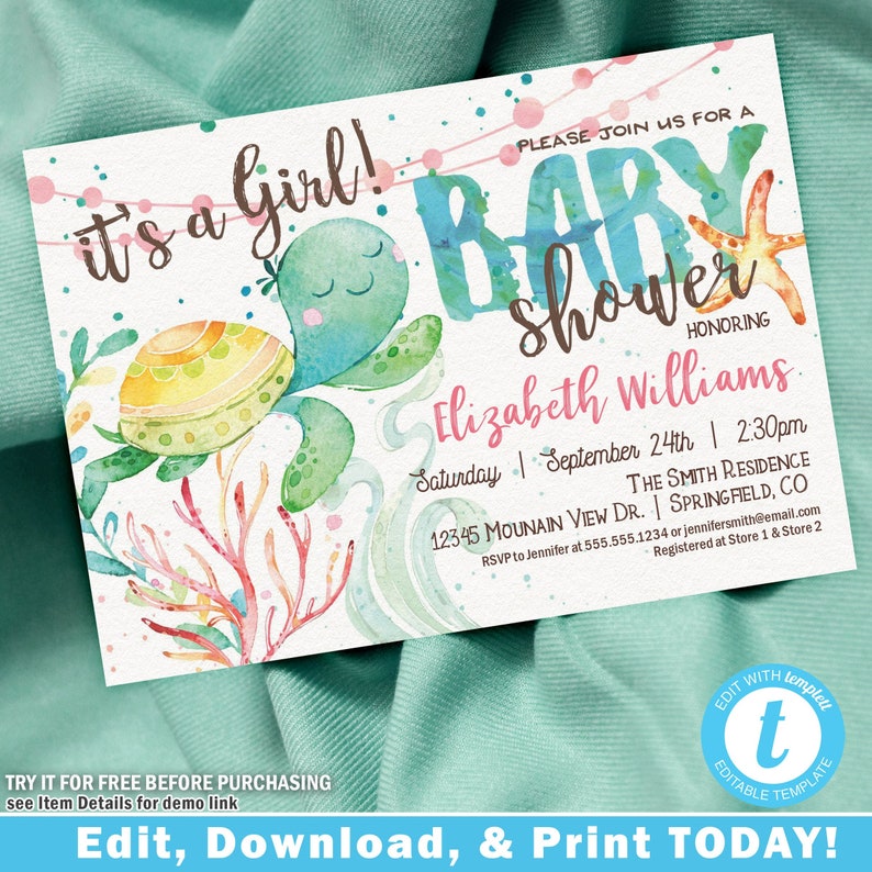 Ocean Baby Shower Invitation Girl Sea Turtle Printable Invite Etsy