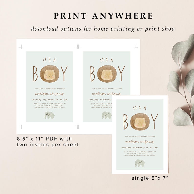 Safari Baby Shower Invitation Boy, Lion Editable Template DIGITAL