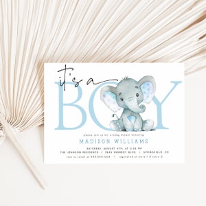 Boy Elephant Baby Shower Invitation, editable template download, Corjl DIGITAL file