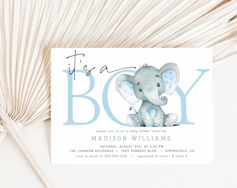 May include: A baby shower invitation with the text "It's a BOY" in blue. The invitation features a watercolor illustration of a grey elephant with blue polka dot ears. Additional text includes the honoree's name, date, time, and location.