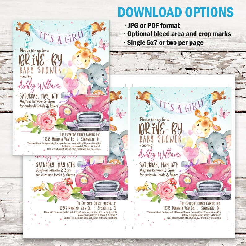 Drive by Baby Shower Invitation Girl Animals Pink Car - Etsy