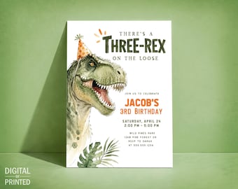 Three-Rex Birthday Invitation, Boy 3rd Birthday Dinosaur Digital Invite or Printed