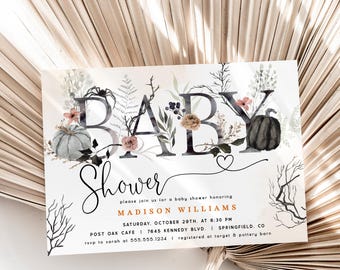 May include: A baby shower invitation with a floral design featuring pumpkins and leaves. The invitation reads "Baby Shower" and includes the name "Madison Williams" and details for the event.