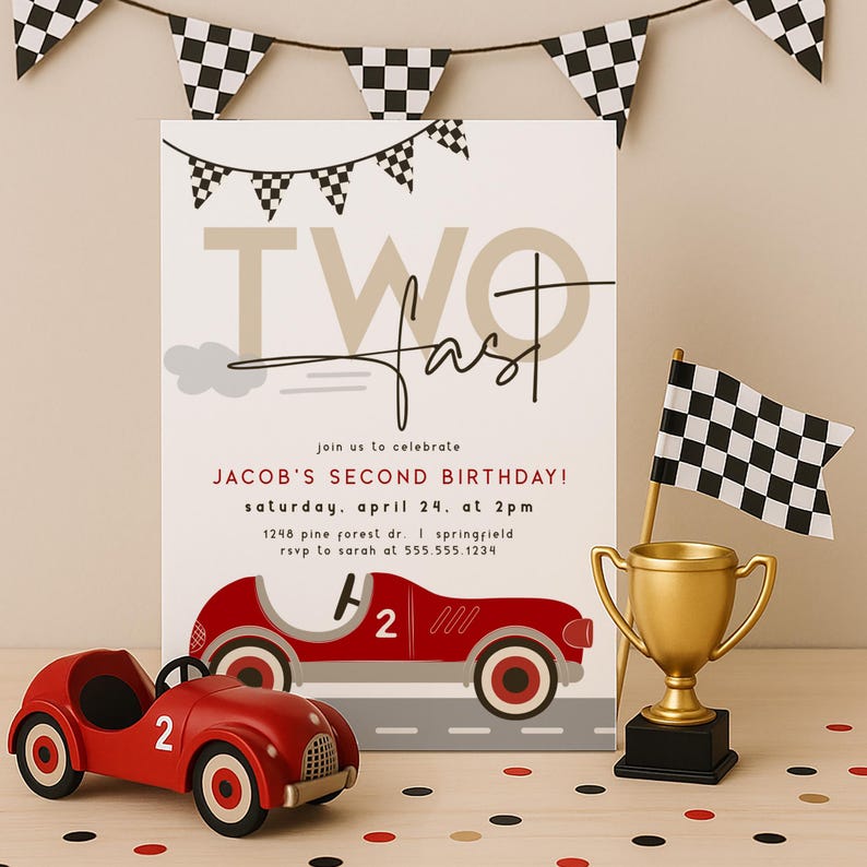 Two Fast Birthday Invitation, Boy 2nd Birthday Race Car Invite, Editable Template Digital Download