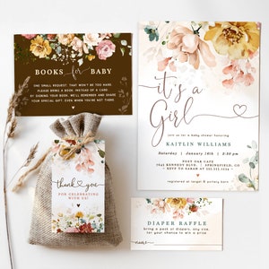 Baby shower uitnodigingsbundel meisje, wilde bloemen uitnodigen, bewerkbare sjabloon digitale download, Corjl, 09wg