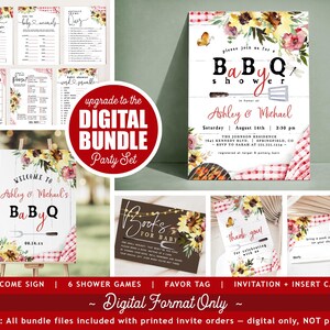 Op de afbeelding: Een digitale feestset met een BBQ babyshower thema. De set bevat een welkomstbord, spelletjes, bedanklabels, uitnodigingen en inlegkaarten. Er worden bloemen- en ruitpatronen gebruikt. De uitnodiging bevat de tekst "Doe mee voor een BBQ shower".