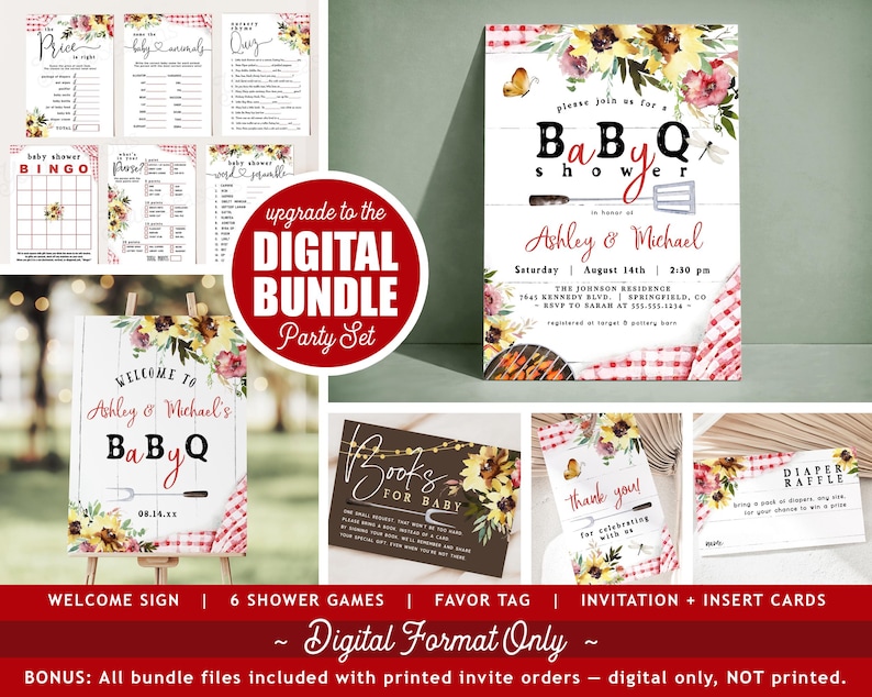 Op de afbeelding: Een digitale feestset met een BBQ babyshower thema. De set bevat een welkomstbord, spelletjes, bedanklabels, uitnodigingen en inlegkaarten. Er worden bloemen- en ruitpatronen gebruikt. De uitnodiging bevat de tekst "Doe mee voor een BBQ shower".