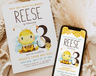 Invito per il terzo compleanno di Bee: modello modificabile (download digitale)