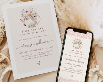 May include: A pink and white digital invitation for a bridal shower. The invitation features a teapot with floral accents and the text "time for tea with the bride to be". The invitation also includes the bride's name, the date and time of the shower, the location, and the RSVP information.