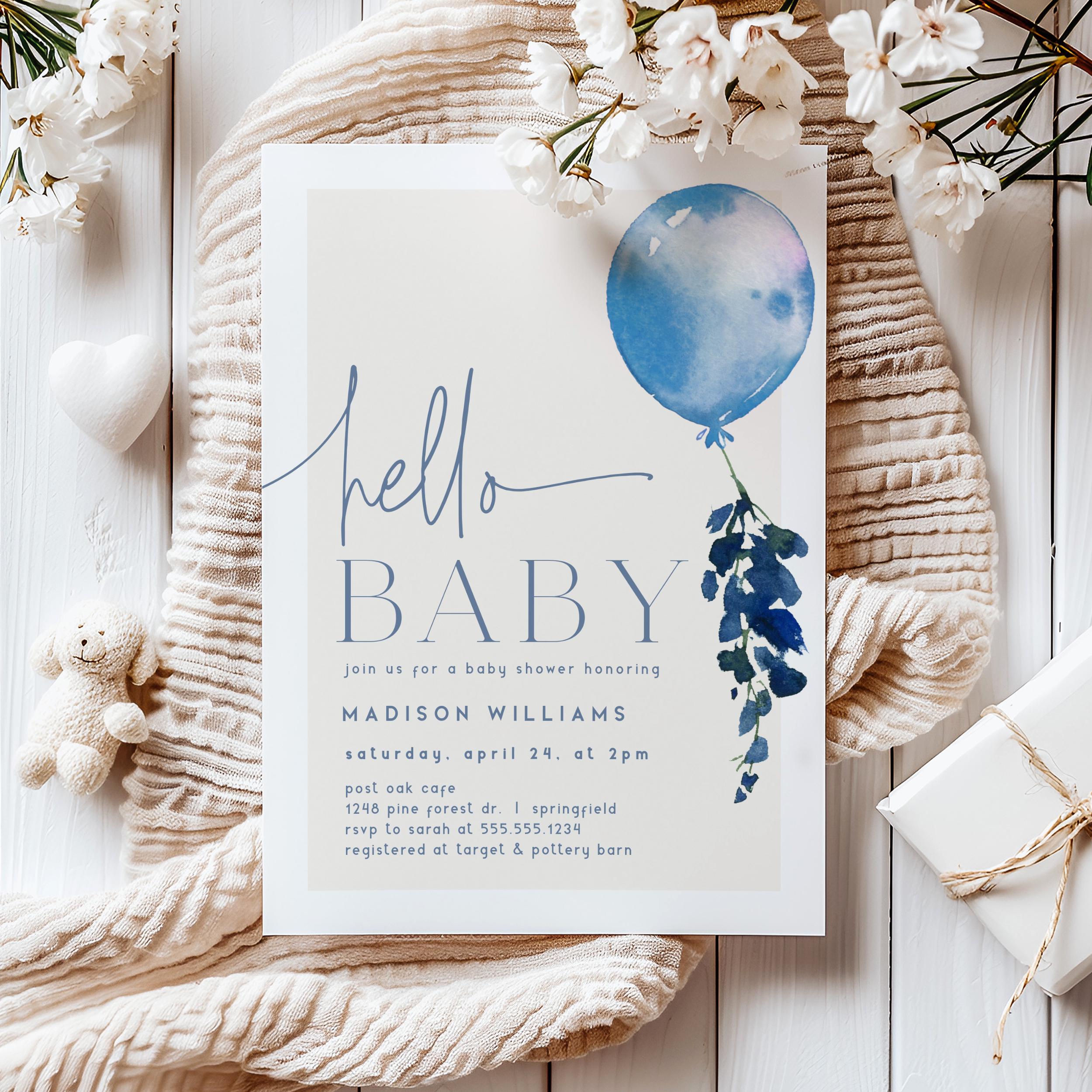Blue Balloon Baby Shower Invitation Boy, Corjl Editable Template