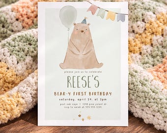 Beary First Birthday Invitation, Bear 1st Birthday Invite Template, Digital Download or Printed 004