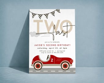 Two Fast Birthday Invitation, Boy 2nd Birthday Race Car Invite, Digital Download or Printed