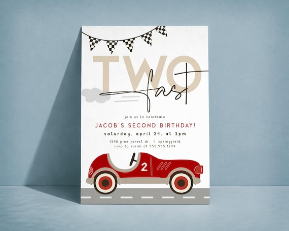 Two Fast Birthday Invitation, Boy 2nd Birthday Race Car Invite, Digital Download or Printed