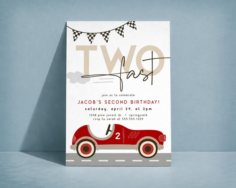 Two Fast Birthday Invitation, Boy 2nd Birthday Race Car Invite, Digital Download or Printed