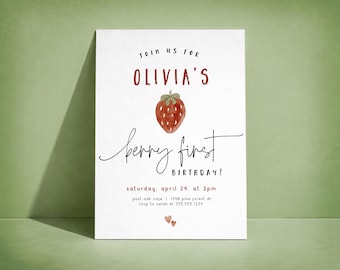 Berry First Birthday Invitation, Strawberry Theme Girl 1st Birthday Invite, Digital or Printed