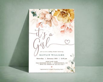 Girl Baby Shower Invitation Bundle, Wildflower Digital Invite or Printed