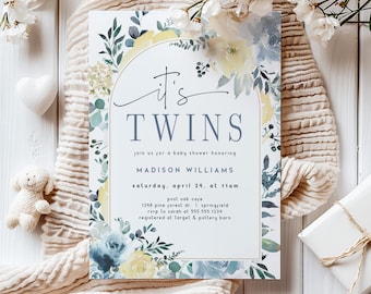 Twins Baby Shower Invitation, Twin Boys, Editable Template DIGITAL Invite, Corjl wh138