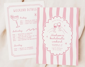 May include: Two invitations with a pink and white striped design. One details a weekend itinerary with a cocktail graphic. The other says "Madison's bachelorette weekend" with wine glasses and the dates.