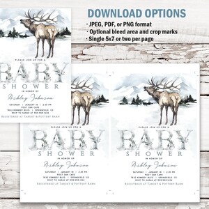 May include: A baby shower invitation with a watercolor illustration of an elk in a snowy mountain landscape. The invitation is for Ashley Johnson and includes the date, time, location, and RSVP information. The text "Please join us for a baby shower" is at the top of the invitation.